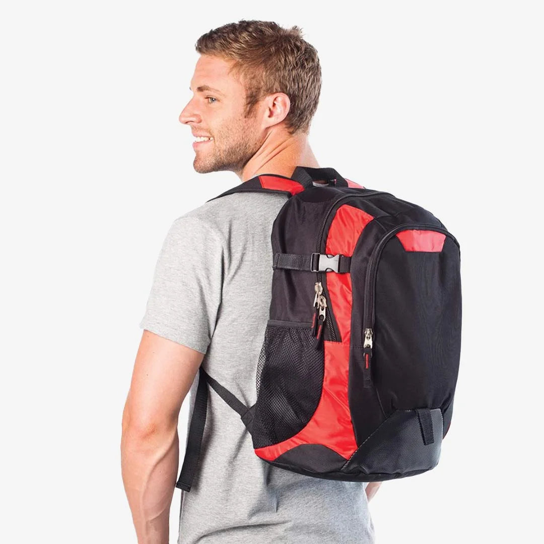 Man wearing Legend Life Boost 30L Laptop Backpack in Black/Red - 1144